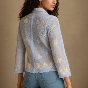 woman wearing sky-blue sheer embroidered shirt with scalloped hem