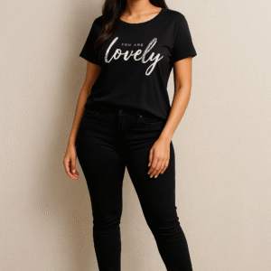 woman wearing black “You Are Lovely” glitter text t-shirt