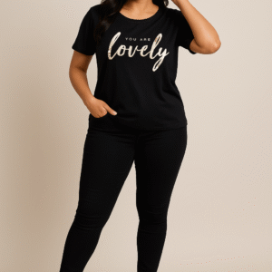 woman wearing black “You Are Lovely” glitter text t-shirt