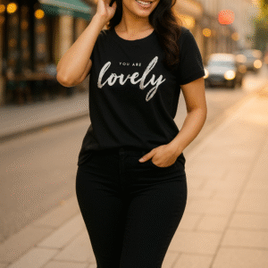 woman wearing black “You Are Lovely” glitter text t-shirt