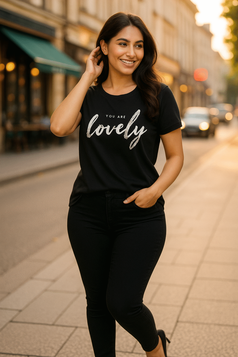 woman wearing black “You Are Lovely” glitter text t-shirt