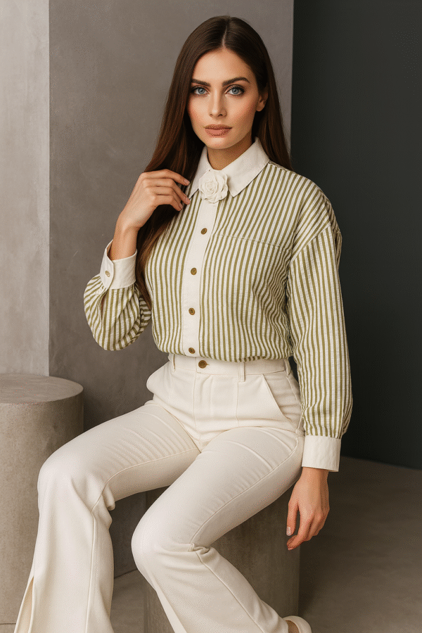 Model wearing olive and ivory striped shirt