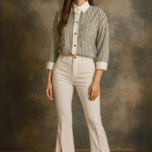 Model wearing olive and ivory striped shirt