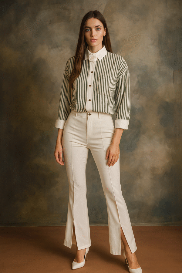 Model wearing olive and ivory striped shirt