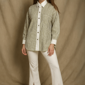 Model wearing olive and ivory striped shirt