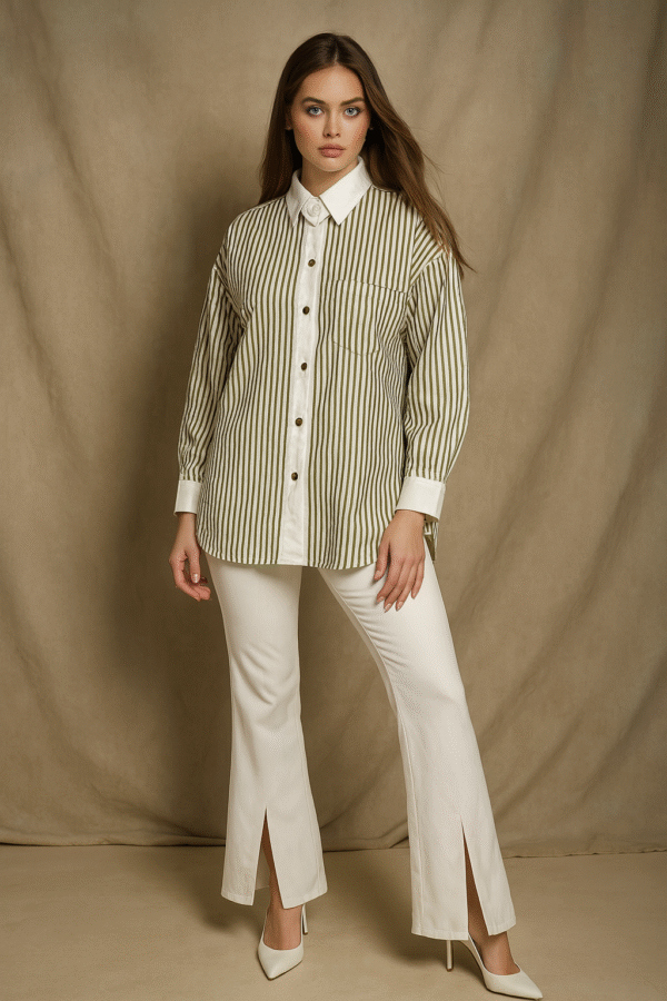 Model wearing olive and ivory striped shirt