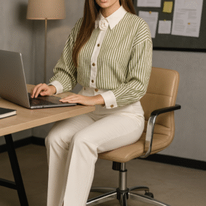 Model wearing olive and ivory striped shirt