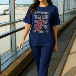 Woman in navy blue airport co-ord set