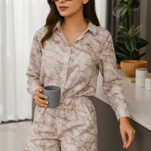 marble print women’s co-ord set with long sleeves and high-waist shorts