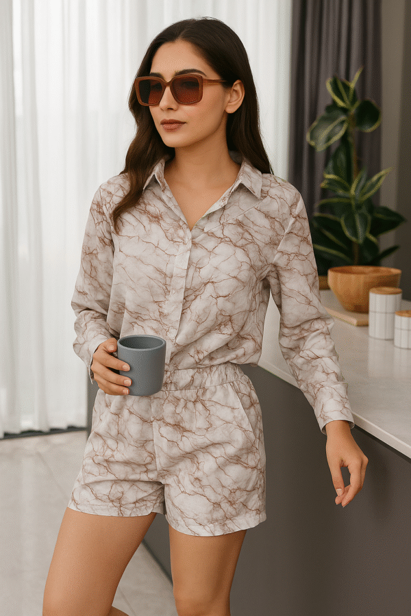marble print women’s co-ord set with long sleeves and high-waist shorts