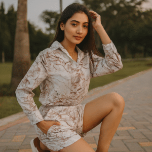 marble print women’s co-ord set with long sleeves and high-waist shorts