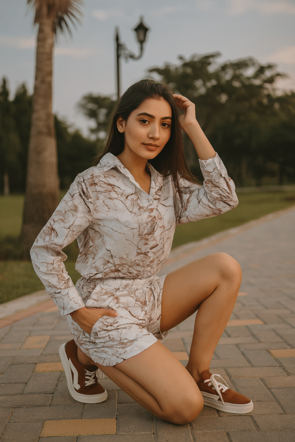 marble print women’s co-ord set with long sleeves and high-waist shorts
