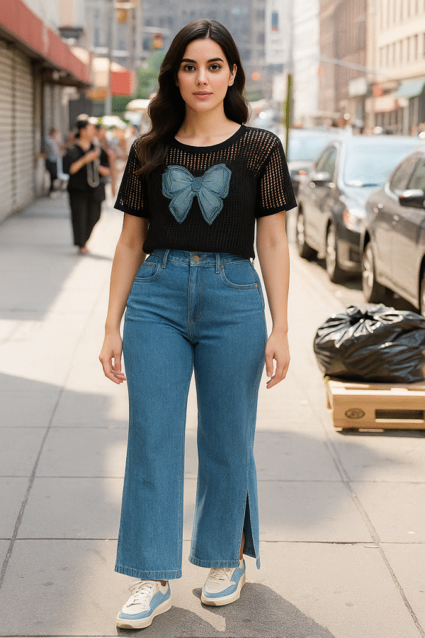 Model wearing black net top with spaghetti inner paired with blue jeans