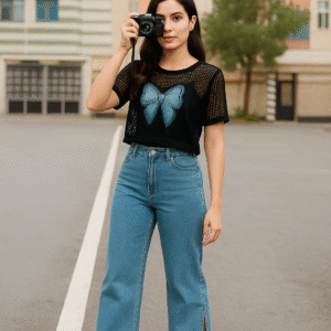 Model wearing black net top with spaghetti inner paired with blue jeans