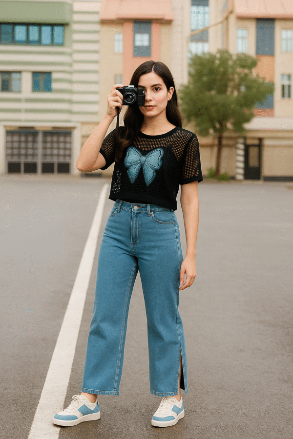 Model wearing black net top with spaghetti inner paired with blue jeans