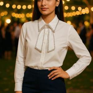 Woman wearing a white pearl-embellished party shirt with bow-tie detail