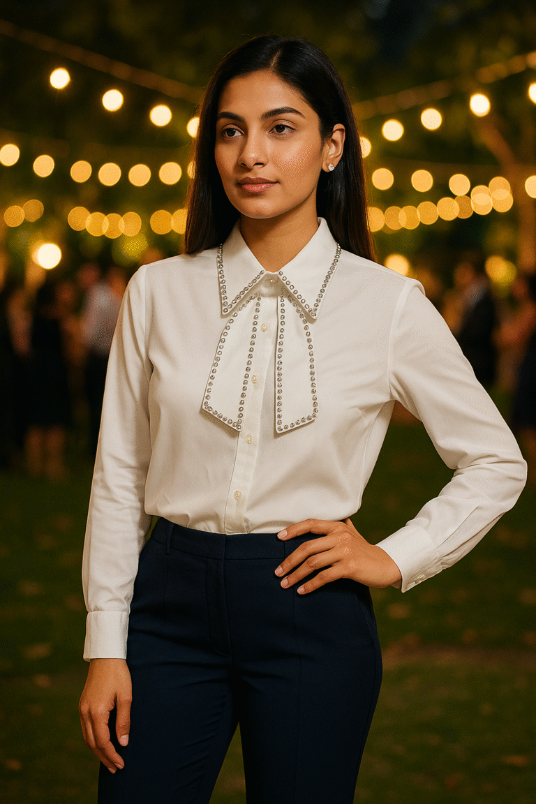 Woman wearing a white pearl-embellished party shirt with bow-tie detail