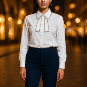 Woman wearing a white pearl-embellished party shirt with bow-tie detail
