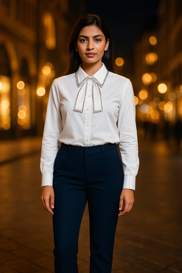 Woman wearing a white pearl-embellished party shirt with bow-tie detail