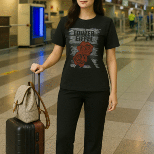 Women’s black airport co-ord set with Eiffel Tower and roses print