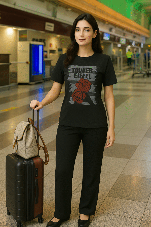 Women’s black airport co-ord set with Eiffel Tower and roses print