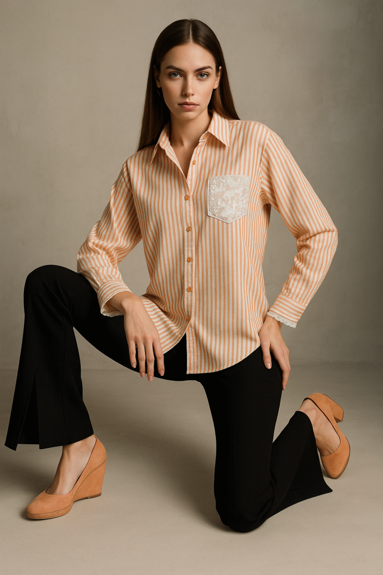 Woman wearing peach and ivory striped shirt with lace pocket