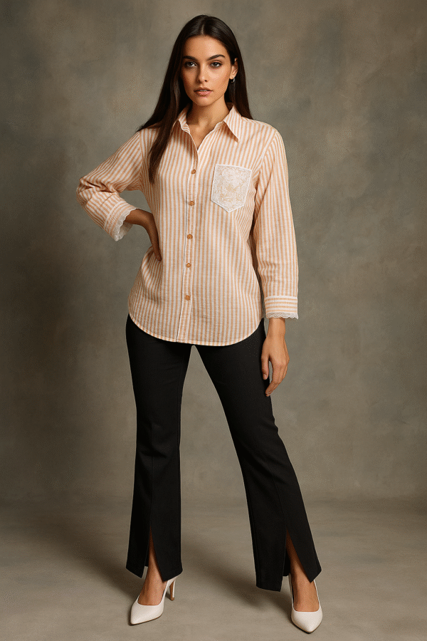 Woman wearing peach and ivory striped shirt with lace pocket