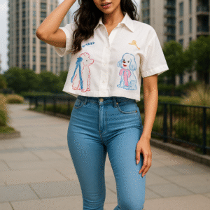 Woman wearing premium imported crop shirt with playful dog illustrations