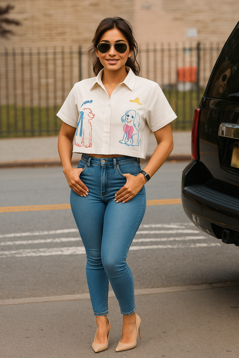 Woman wearing premium imported crop shirt with playful dog illustrations