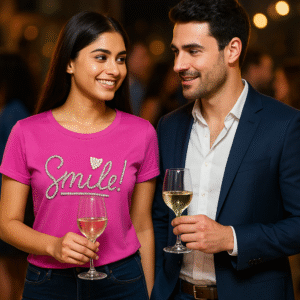 Smiling woman in magenta t-shirt with “Smile!” in crystal studs and pearl heart