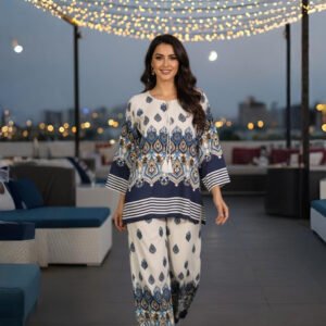 Azure Mosaic co-ord set dress with geometric prints in premium imported fabric