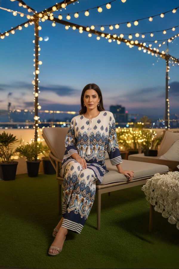 Azure Mosaic co-ord set dress with geometric prints in premium imported fabric