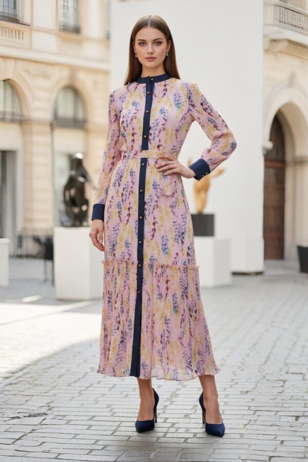 Elegant pink floral midi dress with denim accents and belted waist.
