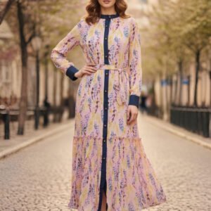 Elegant pink floral midi dress with denim accents and belted waist.