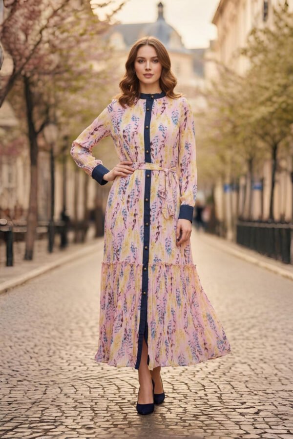 Elegant pink floral midi dress with denim accents and belted waist.
