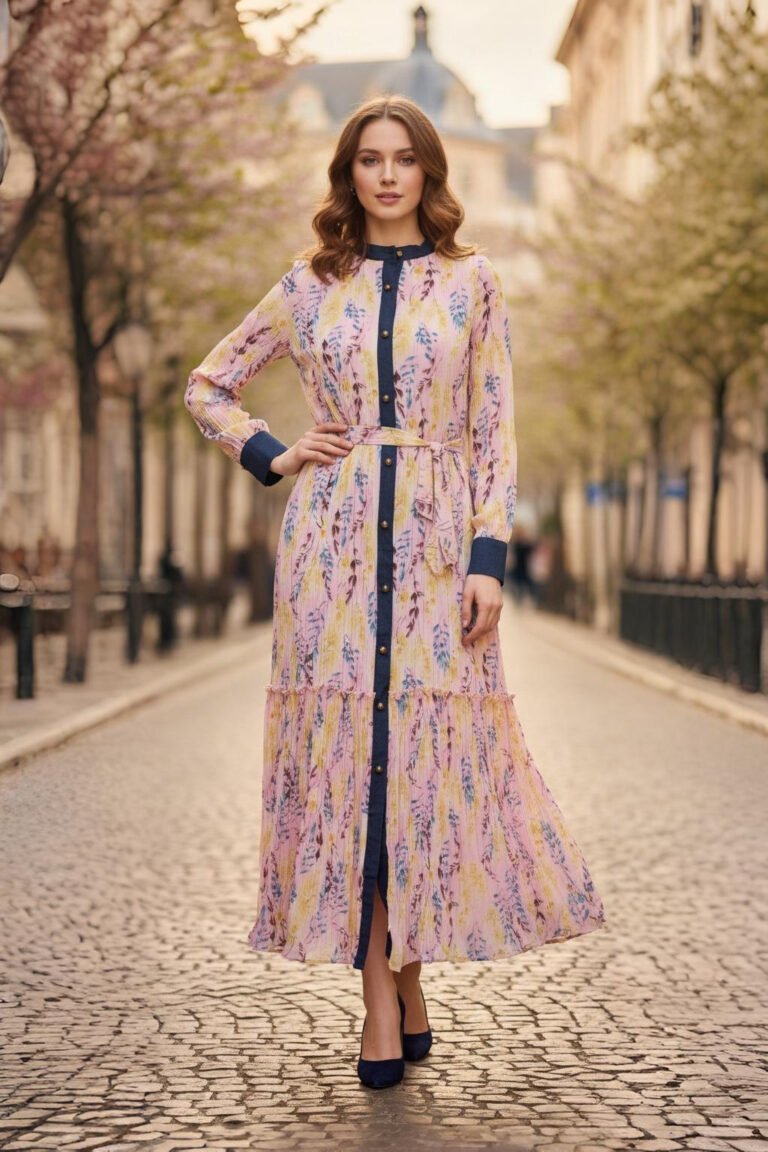 Elegant pink floral midi dress with denim accents and belted waist.