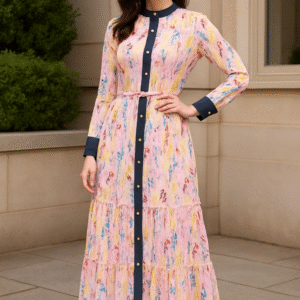 Elegant pink floral midi dress with denim accents and belted waist.