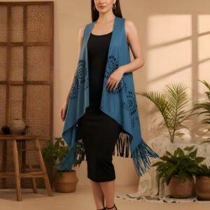 Woman wearing Blue Mirage suede shrug
