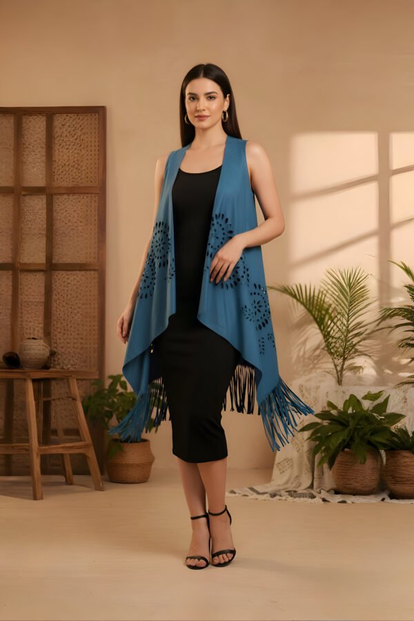Woman wearing Blue Mirage suede shrug