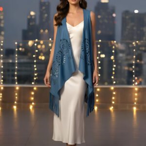 Woman wearing Blue Mirage suede shrug