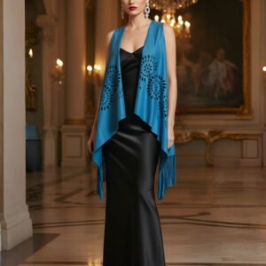 Woman wearing Blue Mirage suede shrug