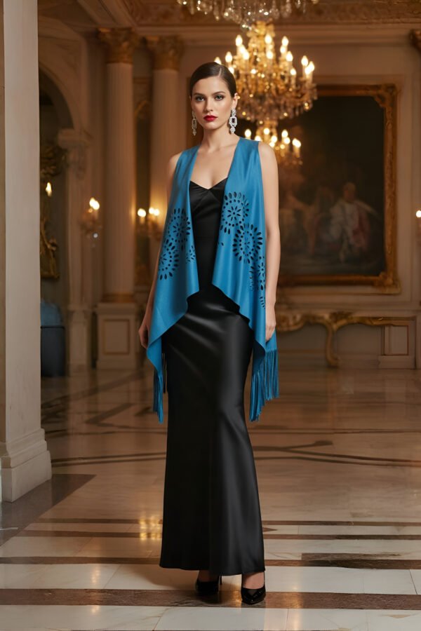 Woman wearing Blue Mirage suede shrug