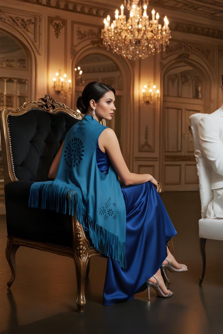 Woman wearing Blue Mirage suede shrug