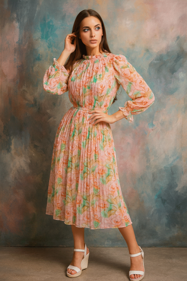 Blush Rose Bloom Midi Dress – Elegant Floral Statement Dress