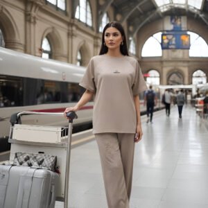 Elegant beige airport co-ord set with oversized top and trousers for women