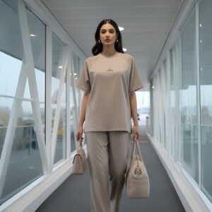 Elegant beige airport co-ord set with oversized top and trousers for women