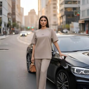 Elegant beige airport co-ord set with oversized top and trousers for women