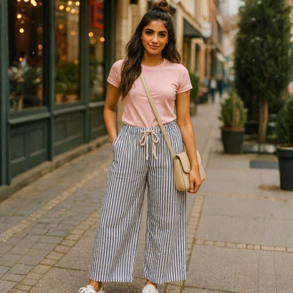 "Women’s ivory and navy striped palazzo pants