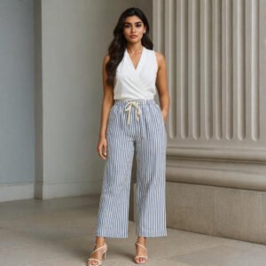 "Women’s ivory and navy striped palazzo pants
