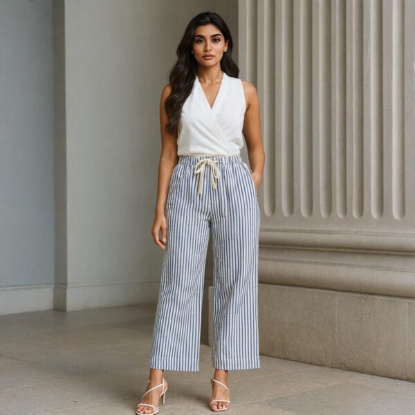"Women’s ivory and navy striped palazzo pants